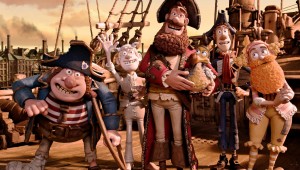 The Pirate Captain and Polly set sail, accompanied by (from left to right) the Pirate with Gout, the Albino Pirate, the Pirate with a Scarf, and the Surprisingly Curvaceous Pirate.