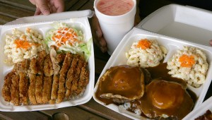 The portions are massive at Foni’s, as the Katsu Chicken (left) and Loco Moco indicate. Lee Chastain