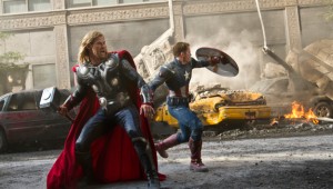 Chris Hemsworth and Chris Evans battle for Earth on New York’s streets in The Avengers.