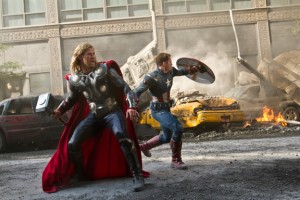 Chris Hemsworth and Chris Evans battle for Earth on New York’s streets in The Avengers.
