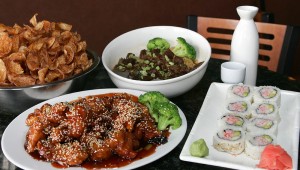 Tang’s Pacific Bistro offers ninja chips, a beef ramen bowl, a California roll, and sesame chicken. Lee Chastain