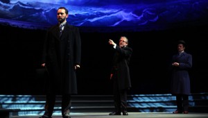 Richard Haratine, Brent Alford, and Chuck Huber star in Trinity Shakespeare Festival’s production of The Merchant of Venice.
