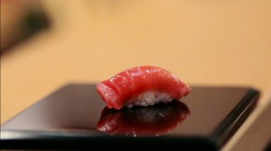 A piece of chu-toro (medium tuna) nigiri prepared by Jiro Ono in "Jiro Dreams of Sushi."