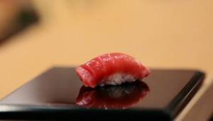 A piece of chu-toro (medium tuna) nigiri prepared by Jiro Ono in "Jiro Dreams of Sushi."
