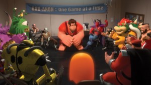 This is my idea of fun, playing video games. Wreck-It Ralph (center) pours out his troubles to his fellow video-game villains.