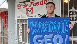 Bob Libal, shown at a protest over conditions at a federal immigrant detainee center: GEO’s poor record “makes me wonder how they will operate a state mental institution.” Courtesy Bob Libal