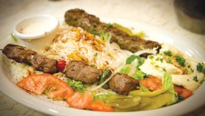 Kebabs like the Kafta (grilled lamb and beef) dominate Saffron Sky’s menu. Tony Robles