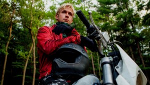 Ryan Gosling prepares to rob a bank on his motorcycle in The Place Beyond the Pines.