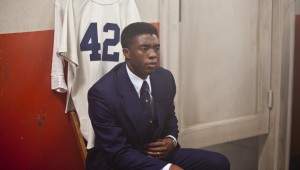Chadwick Boseman receives his numbered Brooklyn Dodgers jersey in "42."
