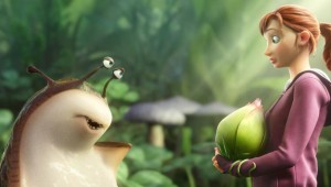 A shrunken M.K. comes eyeball to eyeball with a talking slug in "Epic."