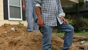 Chesser (rear) and Bentley couldn’t save the big elm tree, which is now a pile of sawdust. Jeff Prince