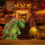 Sulley and Mike face off in front of a frat house (and an appreciative monster audience) in Monsters University.