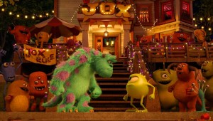 Sulley and Mike face off in front of a frat house (and an appreciative monster audience) in Monsters University.