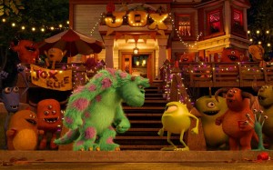 Film 2 Sulley and Mike face off in front of a frat house (and an appreciative monster audience) in Monsters University.