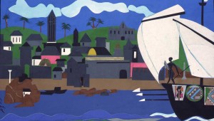 “Home to Ithaca,” a collage, depicts Odysseus at the bow of his ship, returning home in triumph.