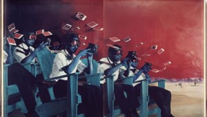 Fantasy and color combine in painterly ways in Patrick Nagatani and Andree Tracey’s “Alamogordo Blues.”