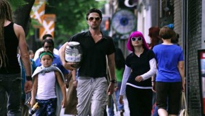 Pierce Gagnon, Zach Braff, and Joey King emerge from a wig shop with their latest purchase in Wish I Was Here.