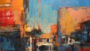 Fort Worth’s Tony Saladino abstracts one particular historic district in his painting “Fort Worth Stockyards Revisited II.”