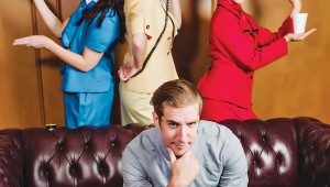 Jonathan Flippo (front) finds it difficult to juggle Taylor Staniforth, Jenna Anderson, and Sara Blair in Theatre Arlington’s Boeing-Boeing.