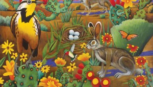 Billy Hassell’s “Meadowlark with Jackrabbit and Fox”