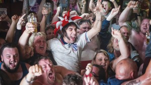 Come on, England! Sacha Baron Cohen and his fellow yobs watch the big game in The Brothers Grimsby.