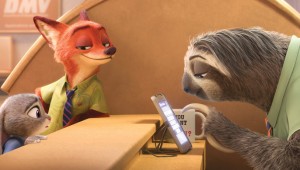 Judy and Nick wait patiently for the sloths at the DMV to do their work in Zootopia.