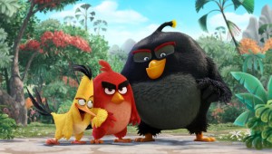 Chuck, Red, and Bomb get ready to battle green pigs in The Angry Birds Movie.