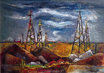 Fort Worth’s Olive Pemberton painted “Desert Derricks” in 1950. Pemberton was a Billy Rose dancer on Broadway who learned to paint in New York and then returned to her hometown to study under Bror Utter and others. Best known for her abstract works, she won first prize at the Fort Worth Art Center’s annual show in 1955 and is one of the last surviving Fort Worth Circle artists.