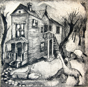 ‘Zookeeper’s House’ by Helfsensteller. A mid-1940s engraving by the raven-haired Fort Worth resident who kept a printing press in her house and hosted weekly soirees with Fort Worth Circle artists in the 1940s.