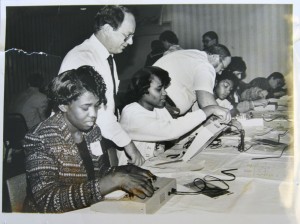 A vintage photo shows Trimble Tech students demonstrating circuit board techniques. Courtesy FWISD Archives Center