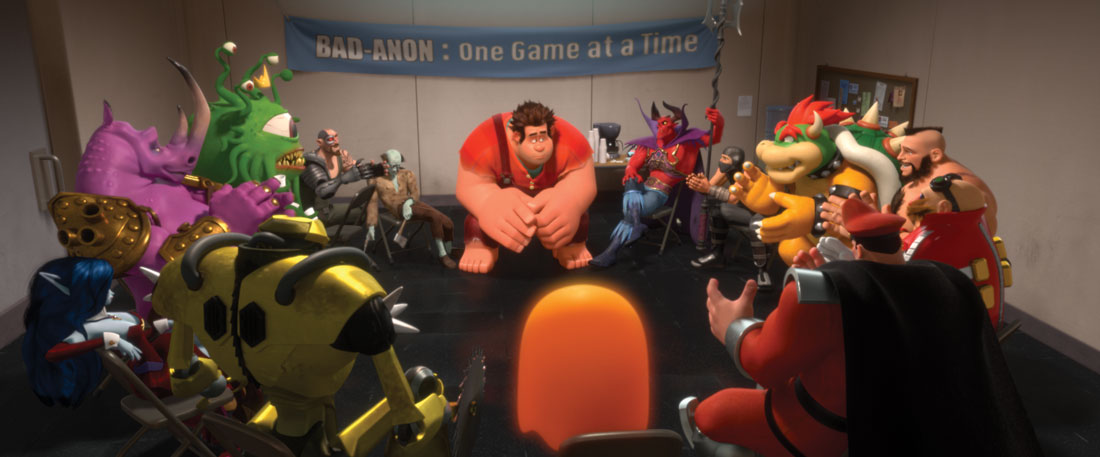 This is my idea of fun, playing video games. Wreck-It Ralph (center) pours out his troubles to his fellow video-game villains.