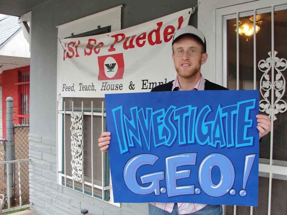 Bob Libal, shown at a protest over conditions at a federal immigrant detainee center: GEO’s poor record “makes me wonder how they will operate a state mental institution.” Courtesy Bob Libal