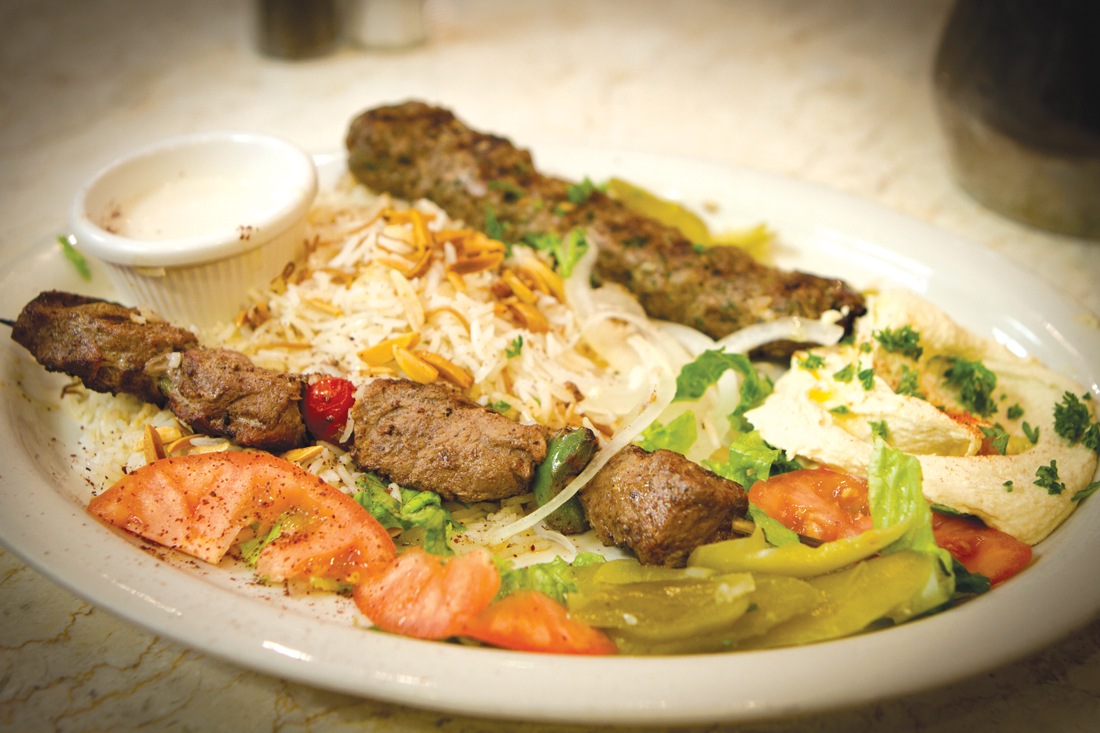 Kebabs like the Kafta (grilled lamb and beef) dominate Saffron Sky’s menu. Tony Robles