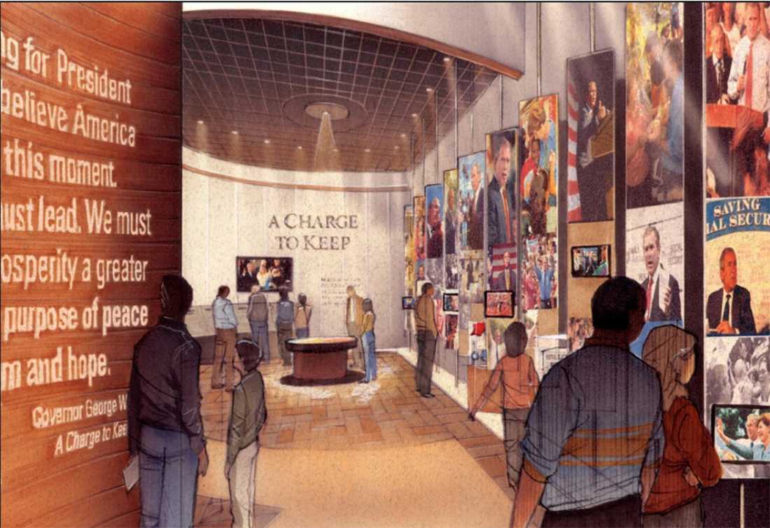 Artist rendering of the entrance to the permanent exhibit at the George W. Bush Presidential Library and Museum. Courtesy George W. Bush Foundation.