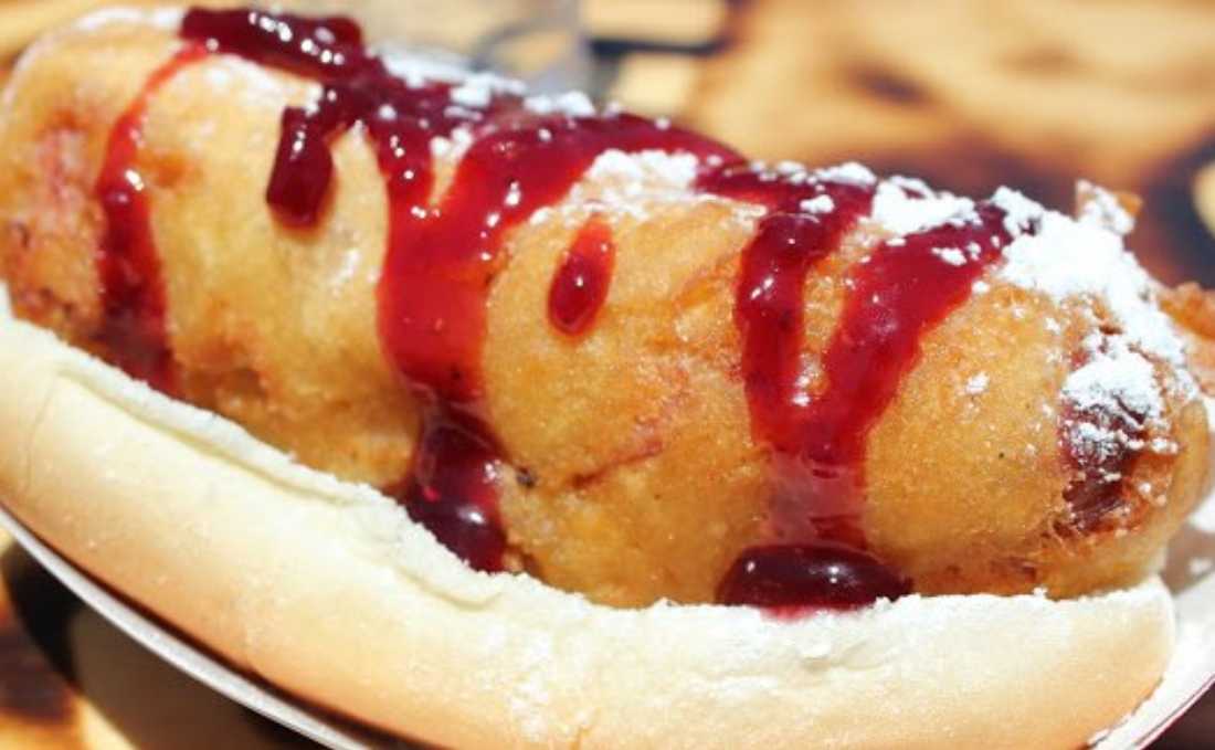 The Monte Cristo dawg is deep-fried with ham and Swiss cheese and topped with a raspberry horseradish sauce.
