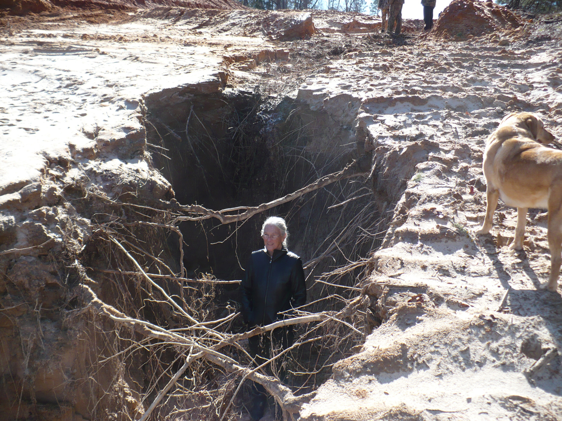 Eleanor Fairchild stands inside the new gulley in her land — courtesy of the Keystone XL pipeline. Kathy Da Silva