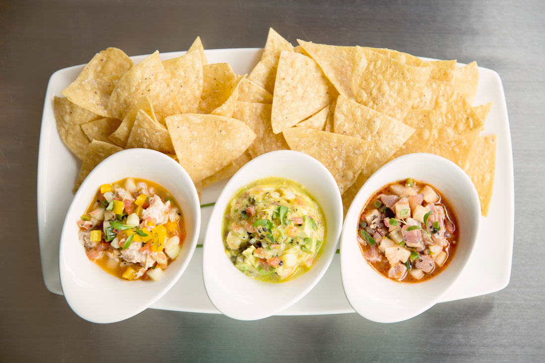 Waters’ ceviche trio, with shrimp, striped bass, and ahi tuna, awaits. Adrien P. Maroney