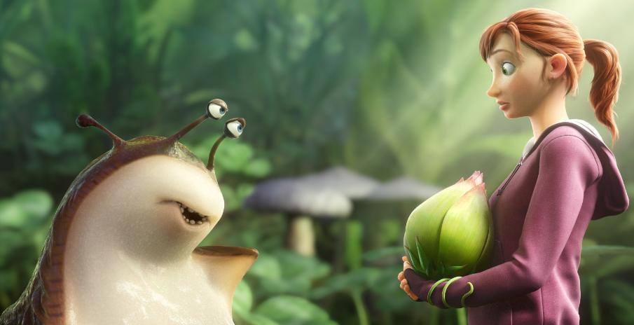 A shrunken M.K. comes eyeball to eyeball with a talking slug in "Epic."