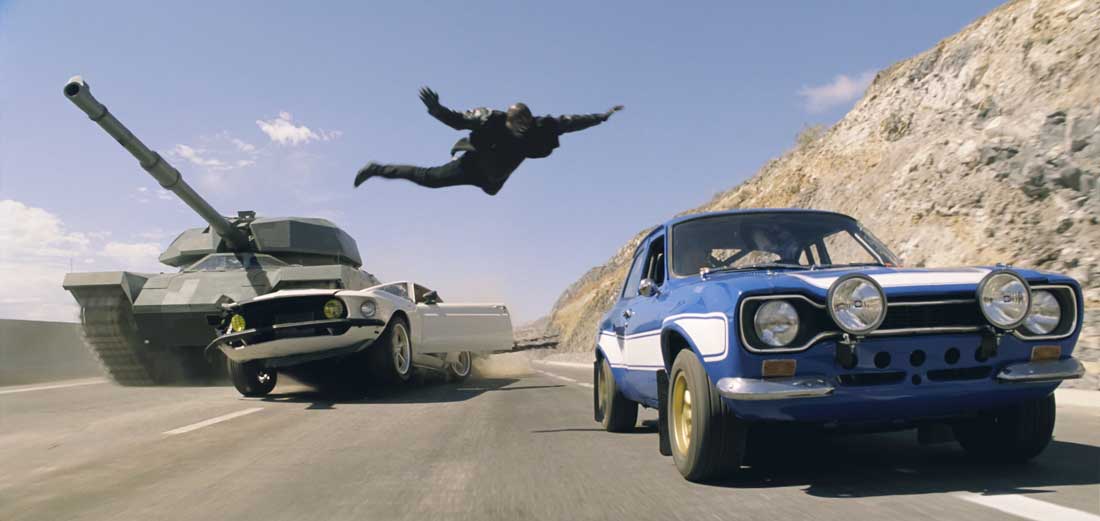 Yep, that’s Tyrese Gibson leaping onto a speeding car to avoid being crushed by a tank in Fast & Furious 6.