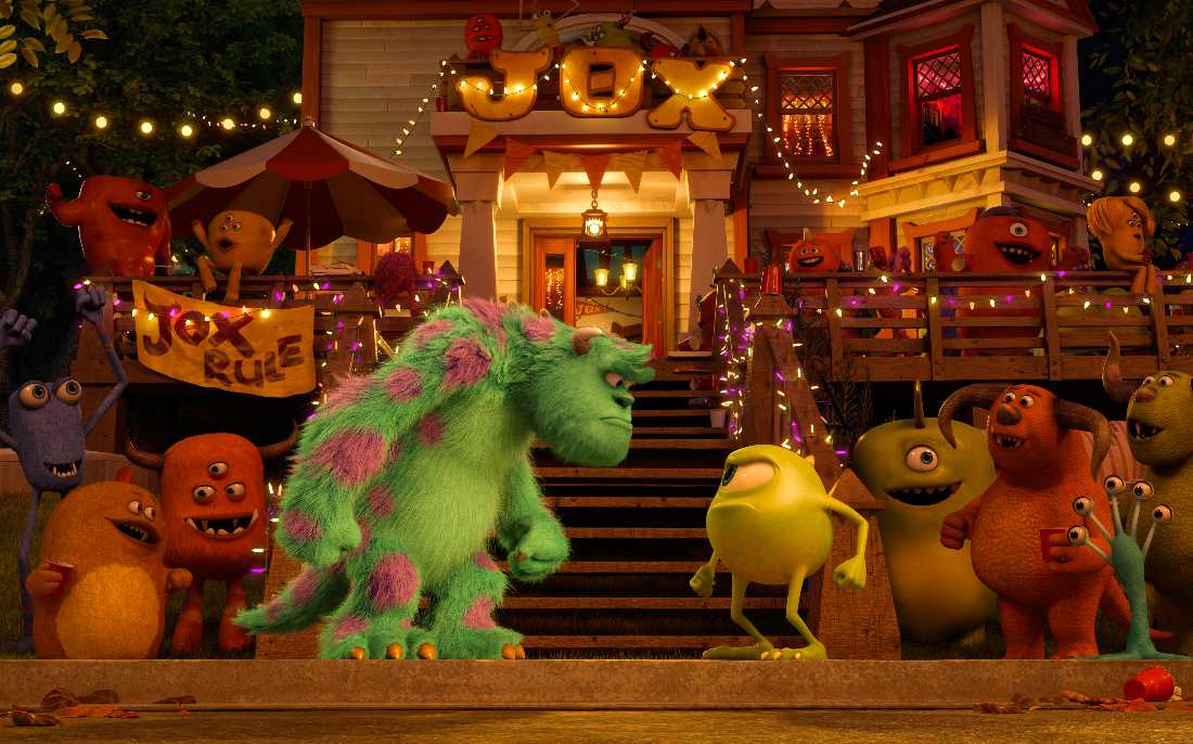 Sulley and Mike face off in front of a frat house (and an appreciative monster audience) in Monsters University.