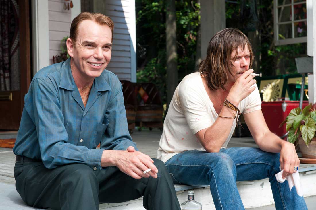 Billy Bob Thornton and Kevin Bacon hang out on the porch in Jayne Mansfield’s Car.