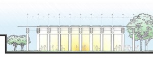 The front of the pavilion resembles a battery of infantrymen by day and a horizontal lantern by night. Renzo Piano Building courtesy Workshop in collaboration with Kendall/Heaton Associates, Inc.