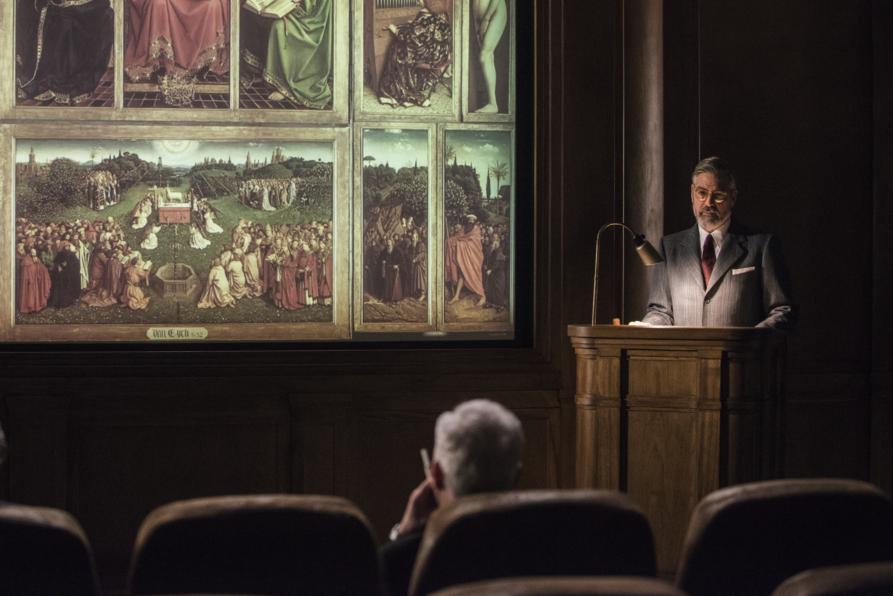 George Clooney shows a slide of the Ghent Altarpiece to the president in The Monuments Men.