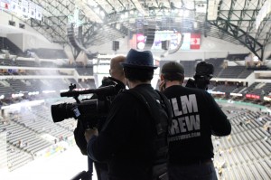 Olson and his crew film a spot to promote sales of suites at the American Airlines Center.  Courtesy Hutton Harris