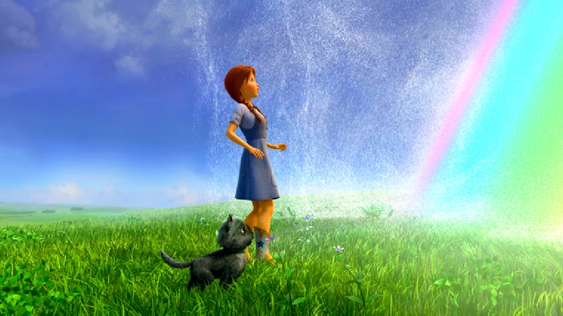 Dorothy and Toto eye the rainbow that will take them back in Legends of Oz: Dorothy's Return.