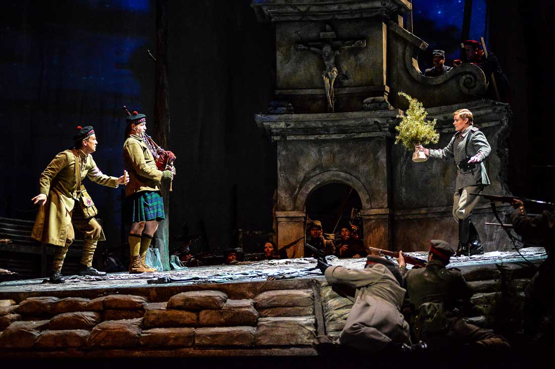 Christopher Burchett, a Scottish bagpiper, and Chad Johnson have a tense first meeting in no- man’s-land in Fort Worth Opera’s Silent Night.