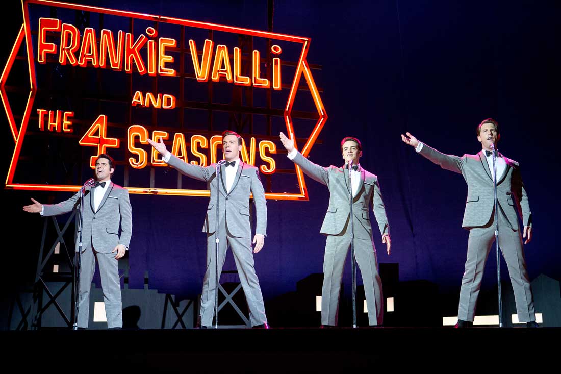 John Lloyd Young, Erich Bergen, Vincent Piazza, and Michael Lomenda sing about a girl named Sherry in Jersey Boys.