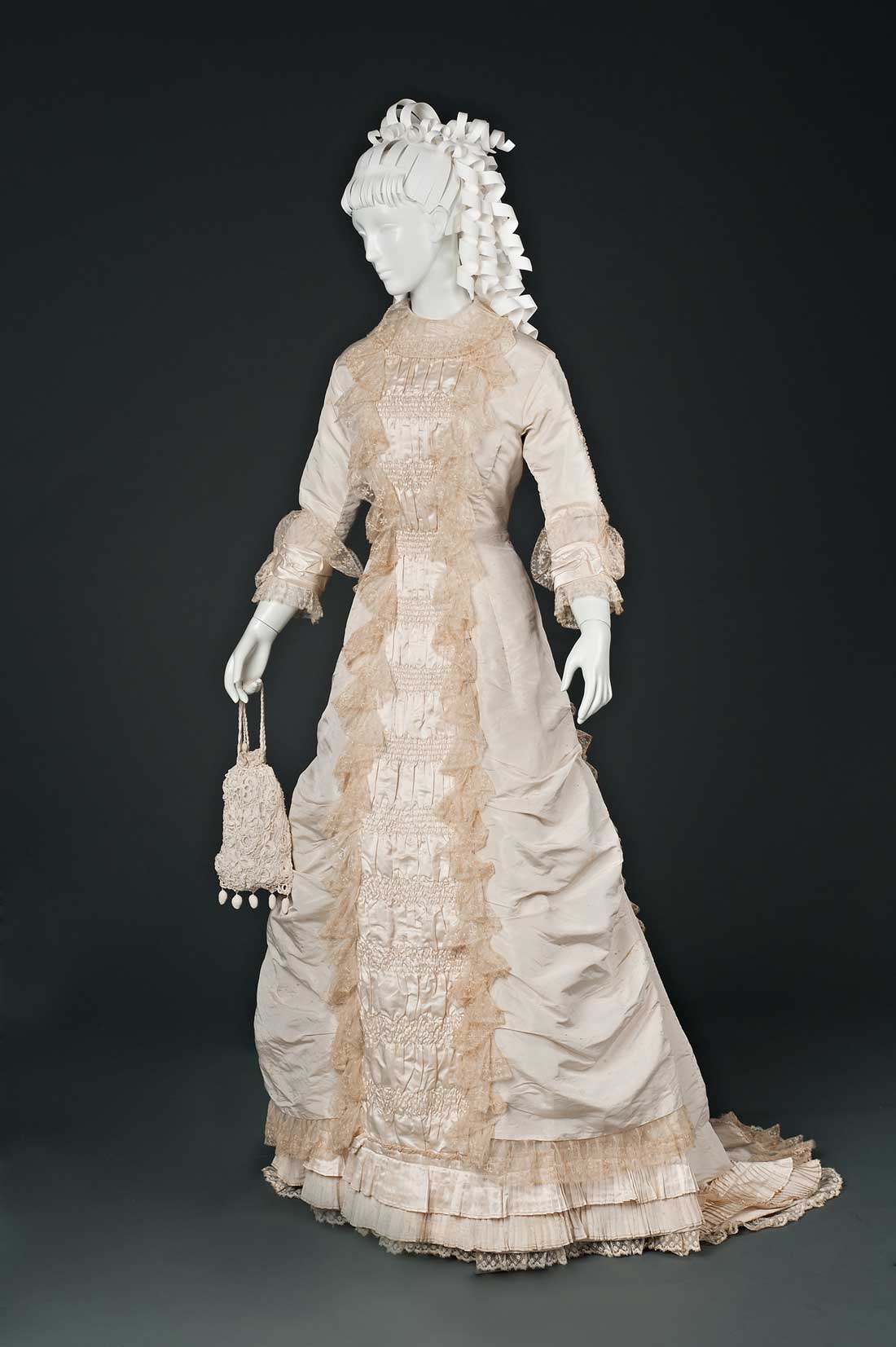 Silk and lace wedding gown, 1874