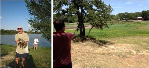 In the photo on the left, taken several years ago, Flowers (foreground) holds a big turtle. On the right, standing near the same spot, he gestures to show how far the lake has receded. Courtesy Steve Flowers, Eric Griffey