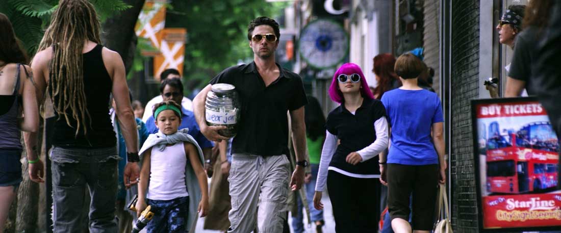 Pierce Gagnon, Zach Braff, and Joey King emerge from a wig shop with their latest purchase in Wish I Was Here.